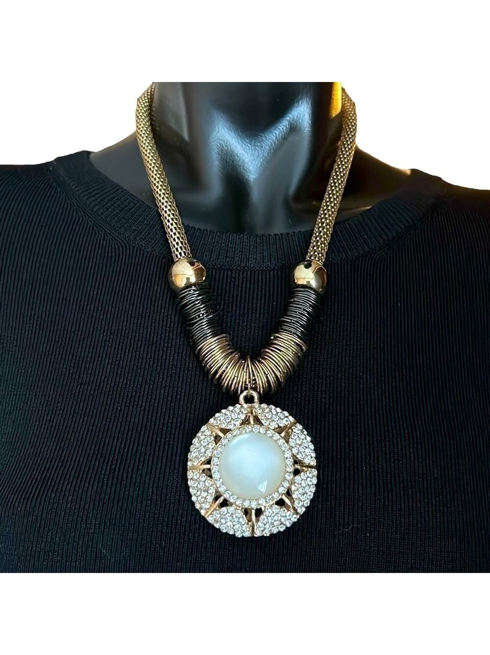 Rhinestone Sparkle Statement Pendant Necklace in Gold Tone with Black Accents